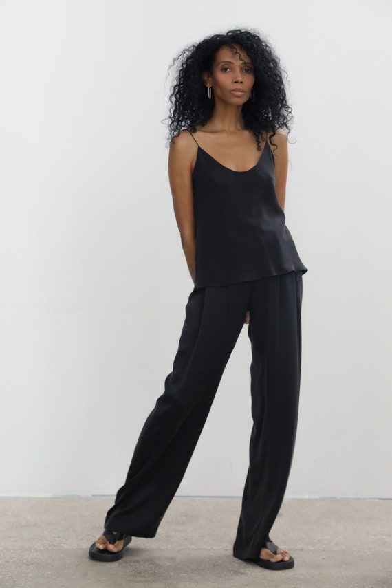 Black Silk Pants Sandwashed Silk Trousers High-waisted Black Silk