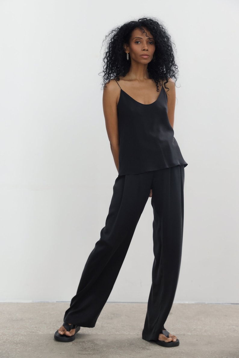 Black silk pants Sandwashed silk trousers High-waisted black silk pants Silk straight-leg pants Silk trousers image 1