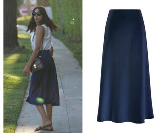 Sapphire navy blue 100% silk satin slip midi bias cut skirt
