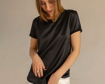 Women&#39;s silk t-shirt Short sleeve pure silk satin top Simple silk blouse for woman Office silk top Silk tee Silk clothing Silk basics
