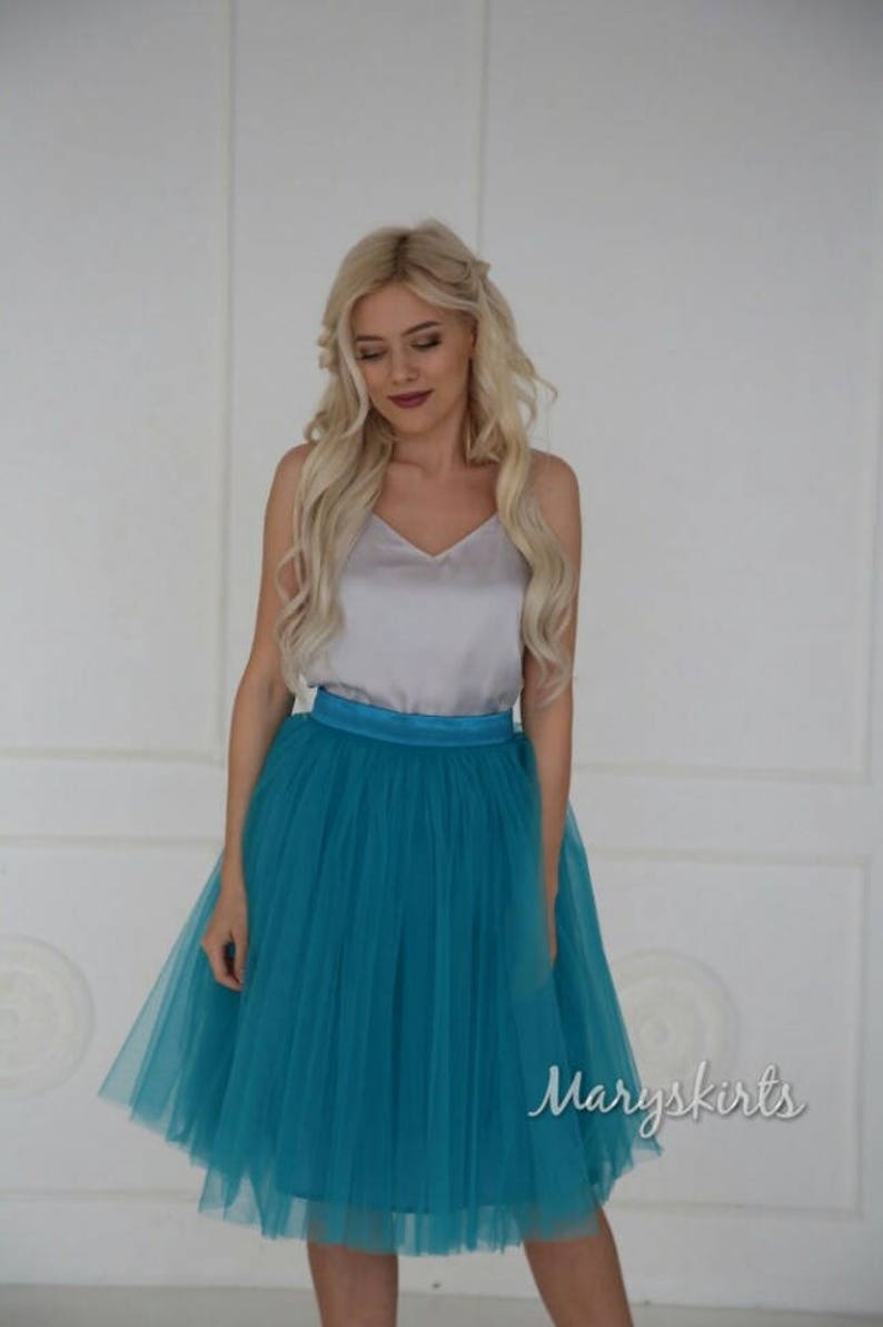 Tulle skirt with matching lining color - 32 Sea Green fixed waistband with hidden zipper