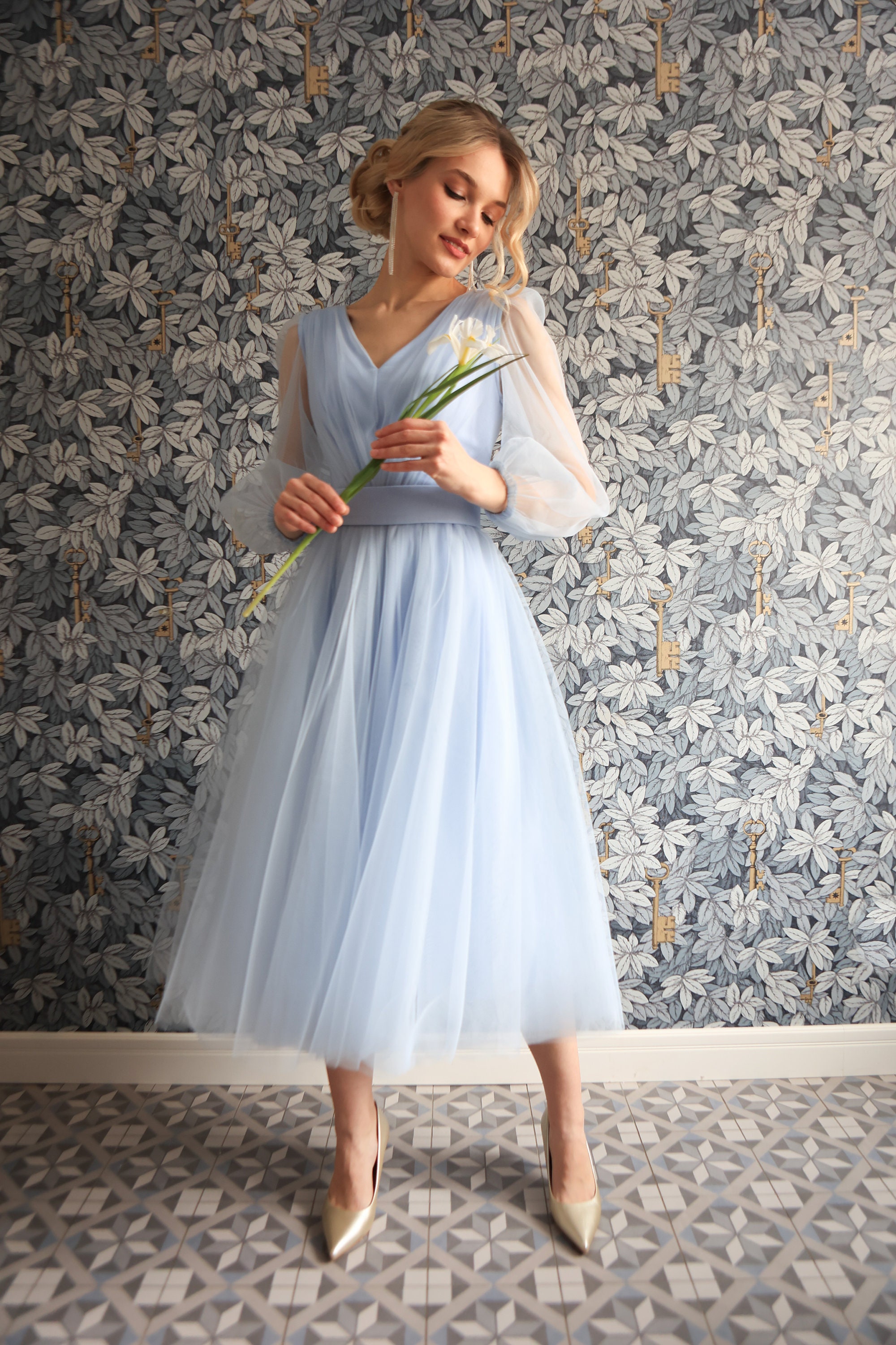 Tulle Bridesmaid Dress: Midi V-Neck with Long Sleeves Tulle Bridesmaid Dress: Midi V-Neck with Long Sleeves