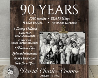 May include: A rustic wooden sign with a photo frame, celebrating 90 years. The sign features the text "90 Years", "1080 months", "32,872 Days", "788,924 Hours", "47,335,428 Minutes", "4 Loving Children", "8 Amazing Grandchildren", "10 Precious Great Grandchildren", "1 Blessed Life", "Splendid Memories", "Happy Birthday", "We Love You", "David Charles Connor", and "August 1, 1932".