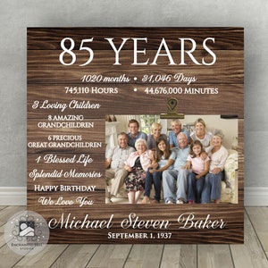 May include: A wood-grain background with a white text overlay celebrating 85 years. The text includes the number of months, days, hours, and minutes in 85 years. The text also includes the number of children, grandchildren, and great-grandchildren. A photo of a family is in a frame with a clip at the top. The text "Michael Steven Baker" and "September 1, 1937" is below the photo.