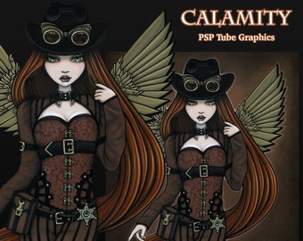 Calamity Western Steampunk Angel Aviatrix Fairy Myka Jelina Signature Tag Art