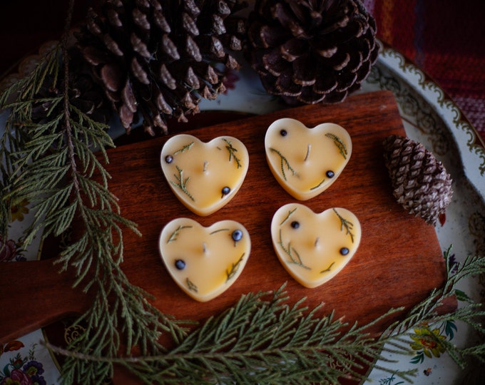 Set Of Four Organic Beeswax Heart Shaped Tea Light Candles With Juniper