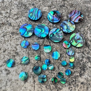 Puede incluir: Una colección de cabujones de concha de abulón iridiscente en varios tamaños, que muestran una gama de azules, verdes y morados. Los cabujones son redondos y tienen un aspecto natural y texturizado, dispersos sobre una superficie gris. El texto "crystonebeads" es visible.