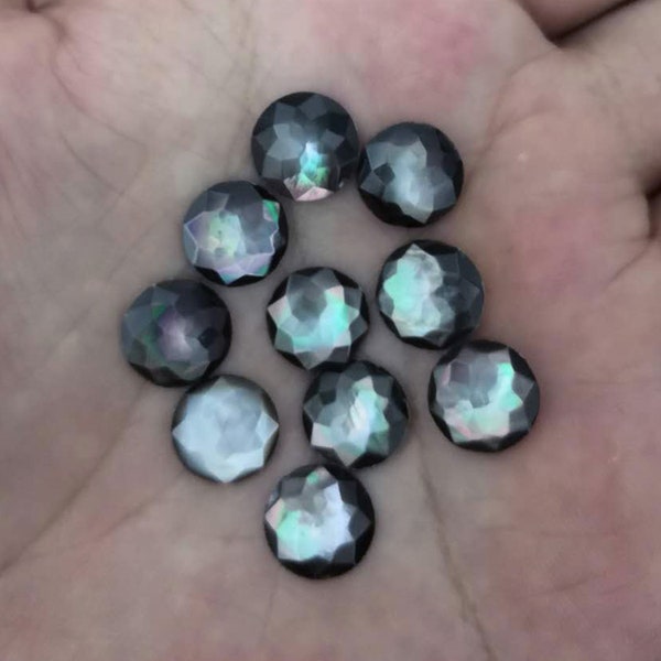 10pcs 10mm Natural Faceted black mother of MOP pearl shell Round flatback gemstone CAB cabochon