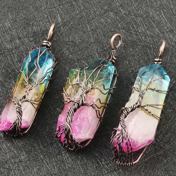 Multi-color Quartz Crystal Healing Column Wire Wrapped Tree of Life Focal Bead Pendant