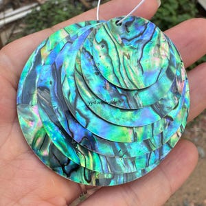 May include: Abalone shell pendants in various sizes, displaying iridescent blues, greens, and purples. Each pendant is round with a hole for stringing. The text "yystonebeads" is visible on the pendants.