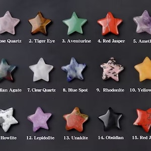 May include: Fifteen star-shaped polished stones, each with a different colour and pattern, labelled with their corresponding names: Rose Quartz, Tiger Eye, Aventurine, Red Jasper, Amethyst, Indian Agate, Clear Quartz, Blue Spot, Rhodonite, Yellow Jade, Howlite, Lepidolite, Unakite, Obsidian, and Red Jasper.