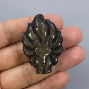 46mm Natural Carved Golden Obsidian Cute Fox Pendant Bead