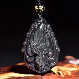 40mm Natural Carved Rainbow Obsidian Nine-tailed Fox Teardrop Pendant Bead