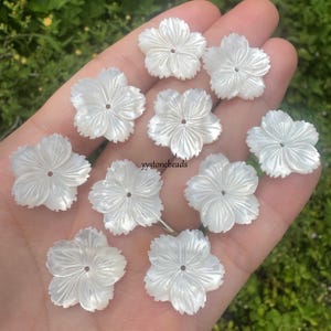 May include: A collection of eleven white, flower-shaped beads. Each bead has five petals and a small hole in the center. The beads have a pearlescent sheen, suggesting they are made of mother-of-pearl. These beads are ideal for jewelry making.