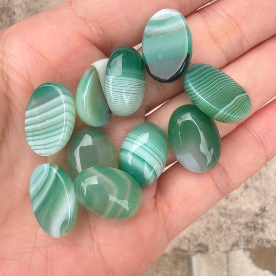 10pcs 18mm Green Banded Agate Oval Flatback Gemstone CAB Cabochon