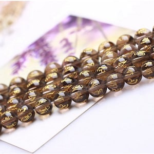 Carved Natural Smoky quartz OM mani padme hum round loose beads strand 16'' 8mm 10mm 12mm