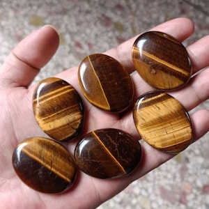 May include: Six oval-shaped tiger's eye stones, each with a different pattern of brown and gold stripes. The stones are smooth and polished, and they are arranged in a hand.