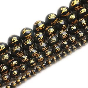 Natural Carved Black agate OM mani padme hum round loose beads strand 16&#39;&#39; 8mm 10mm 12mm 14mm