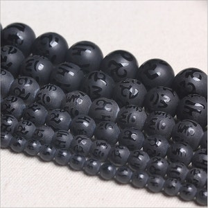 Carved Frosted Black Agate OM mani padme hum round loose beads strand 16&#39;&#39; 6mm 8mm 10mm 12mm 14mm 16mm
