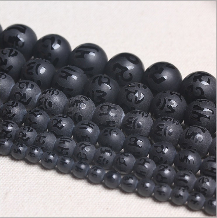 Carved Frosted Black Agate OM mani padme hum round loose beads strand 16'' 6mm 8mm 10mm 12mm 14mm 16mm