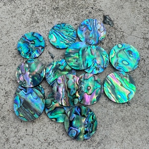 Könnte beinhalten: Eine Sammlung von 13 schillernden Abalone-Muschelscheiben in Blautönen, Grün- und Violetttönen. Die Scheiben sind kreisförmig auf einer grauen Oberfläche angeordnet.