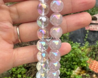10mm Natural Rainbow Coated Aura Clear Quartz / Rose Quartz round gemstone DIY loose beads strand 16&#39;&#39; For Jewelry Making