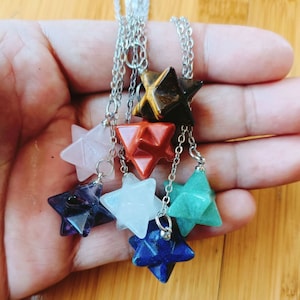 7pcs Set 20mm Merkaba Star Crystal Pendulum, Amethyst+Rose quartz+White quartz+Red Jasper+Golden tiger eye+Green aventurine+Lapis
