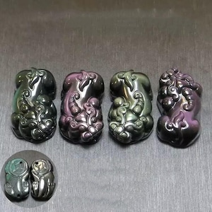 30mm Natural Carved Rainbow Eye Obsidian PiXiu Pendant Beads