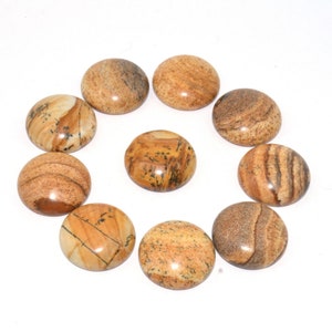 May include: Ten round, smooth, polished, cabochon stones with a brown, beige, and white marbled pattern.