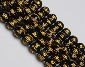 Carved Natural Black obsidian OM mani padme hum round loose beads strand 16&#39;&#39; 6mm 8mm 10mm 12mm 14mm 16mm