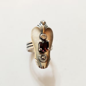 TRUE VINTAGE Not cast silver spoon jewelry recycled sterling ring deep red indian garnet. It is large and features wide band sz 9