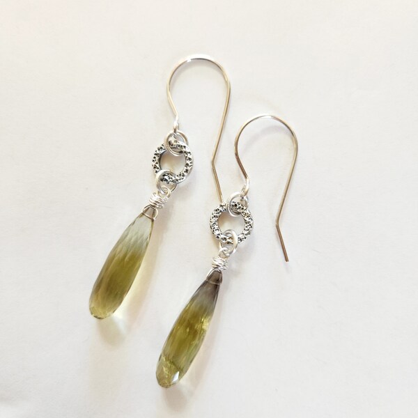 Chelle' RAwlsky sterling silver earrings fine silver organic wrap smokey citrine faceted drops  textured circle centers 19 gauge wires 925