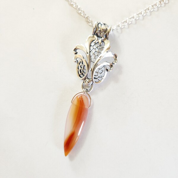 NOT ONE OF a kind *** Chelle' Rawlsky necklace carnelian side drilled gem teardrop sterling lace cast top  sterling silver ring chain 18"