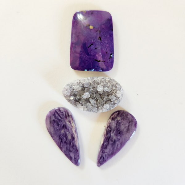 HODGE PODGE LOT C9 mojave purple turquoise ( enhanced Kingman mine) Joe JElks cabachon natural Brazil amethyst side cut drusy charoite pair