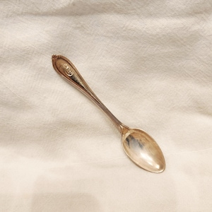May include: A silver-toned metal spoon featuring a slender handle with a decorative embossed pattern at the top. The spoon has a smooth, oval-shaped bowl and a polished finish that reflects light across its curved surface.