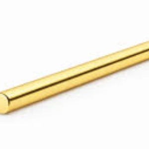 May include: A single, solid gold rod, cylindrical in shape, is presented against a white background. The rod is smooth and reflects light, showcasing a polished finish. The object is a simple, elegant design.