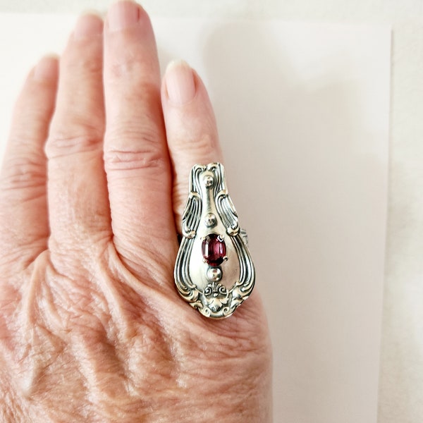 CHELLE'S PICK *** Love this upcycled recycled sterling silver spoon ring set with a rare berry garnet. It is large and features ornate band