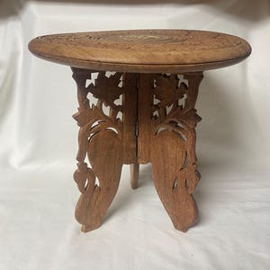 Vintage Hand Carved Folding Table Stool, Teak Wood, Made in India