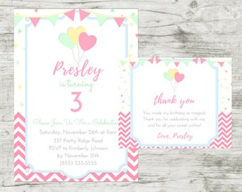 Pink Birthday Party Invitation, Printable Girls Birthday Party Invite, Pink Chevron Birthday Invitation, Thank You Card