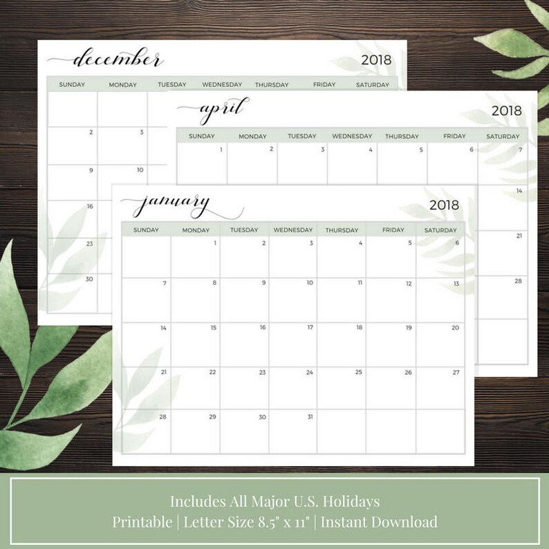 2018 Calendar Printable, Letter Size, Horizontal Layout, Greenery ...
