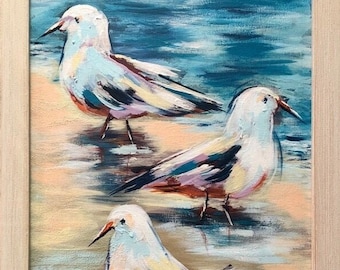 Seagulls on the beach, hand painted original art in acrylic on canvas board, 12x16 inches in rustic frame