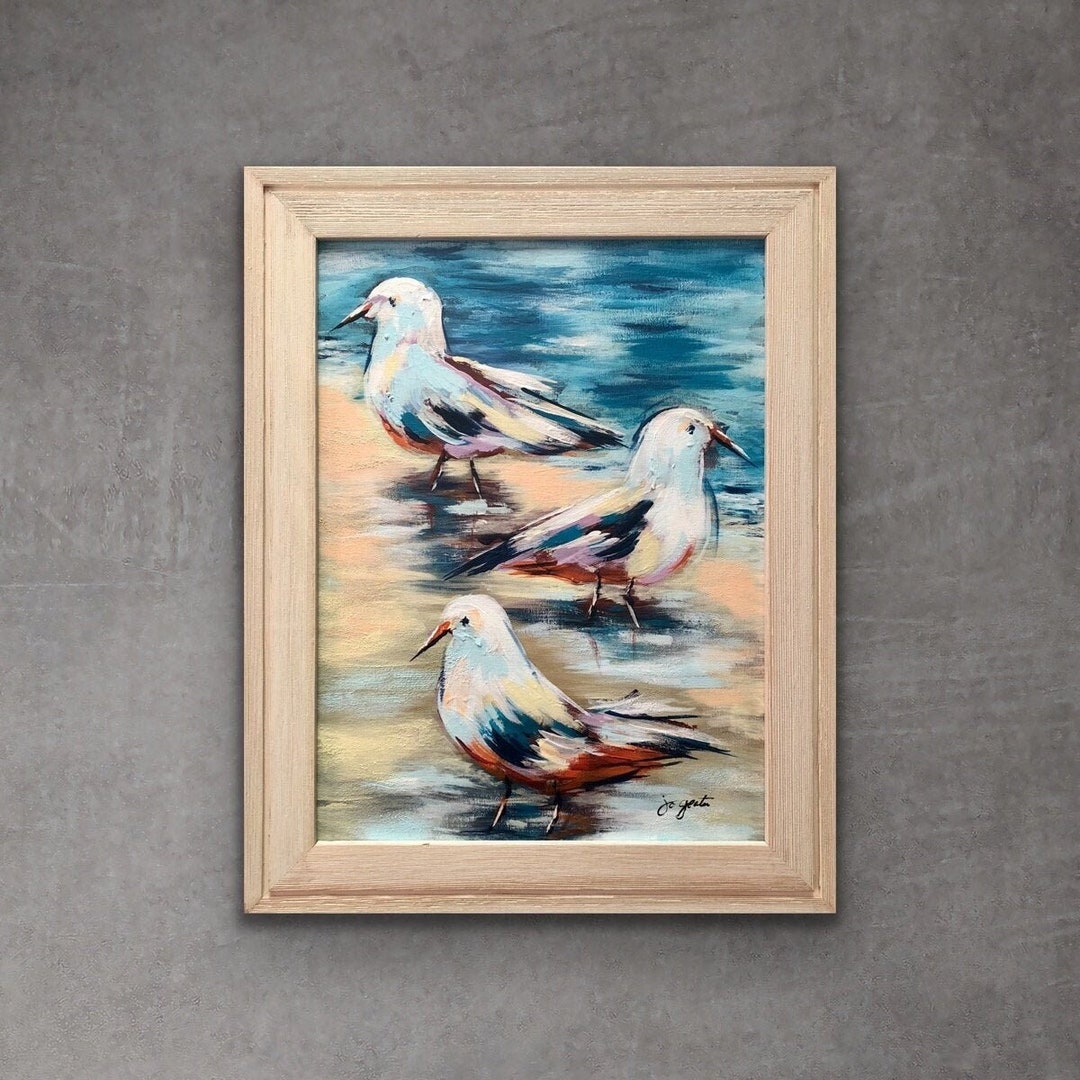 Seagulls on the Beach, Hand Painted Original Art in Acrylic on Canvas ...