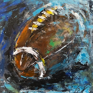 Football art, abstract, modern style, hand painted original art in acrylic on canvas board, 11x14 inches, framed