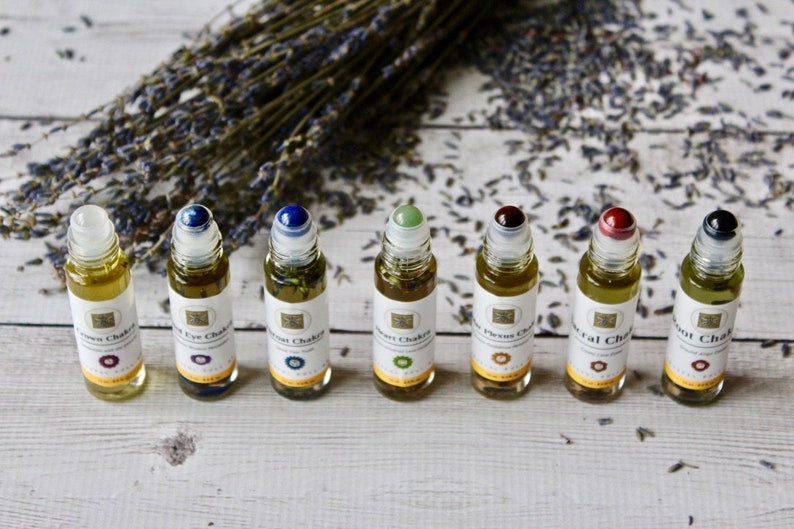 Seven Chakra Essential Oil Blends with Real Gemstone Rollerball Infused With Organic Herbs, Yoga, Meditation, Aromatherapy, Gifts for Her image 3