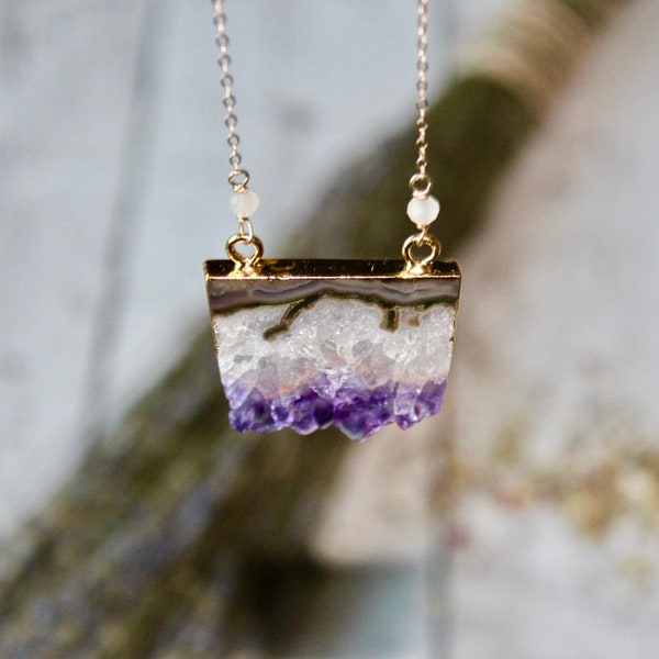 Gorgeous Agatized One Of A Kind Amethyst Slice 18K Gold Plated Necklace, Moonstone, Everyday, Boho, Gifts for Her