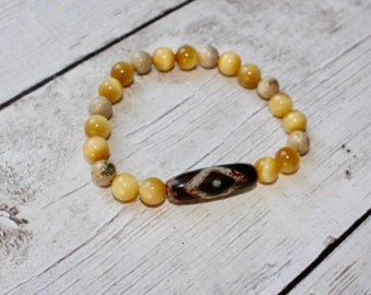 Rare Vintage Dragon Eye Dzi Bead Agate Bracelet Tibet Genuine