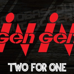 May include: Two red "i Gen Gen" logos with a white "TWO FOR ONE" text on a dark wood grain background. The "i" is a red rectangle with a red circle on top. The "Gen" is in a red stencil font.