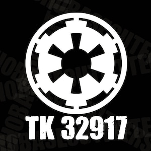 May include: A white Imperial symbol from Star Wars with the text "TK 32917" underneath.