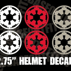 May include: Six 2.75 inch helmet decals featuring the Imperial symbol from Star Wars. Three decals are white with a black symbol, and three decals are red with a white symbol.