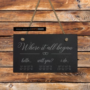 May include: Black slate sign with the text "Where it all began" and coordinates for "hello...", "will you?", and "i do..."